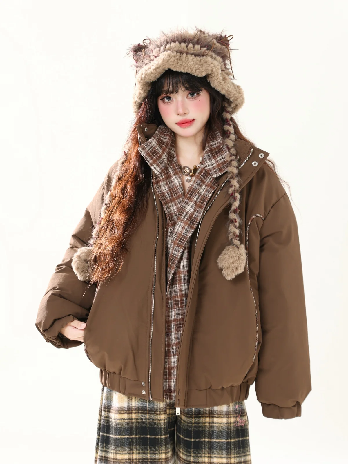 

ENJOG Thiened, женская хлопковая куртка в клетку в стиле ретро, зимняя теплая повседневная верхняя одежда, длинная застежка-молния с капюшоном, обычная посадка