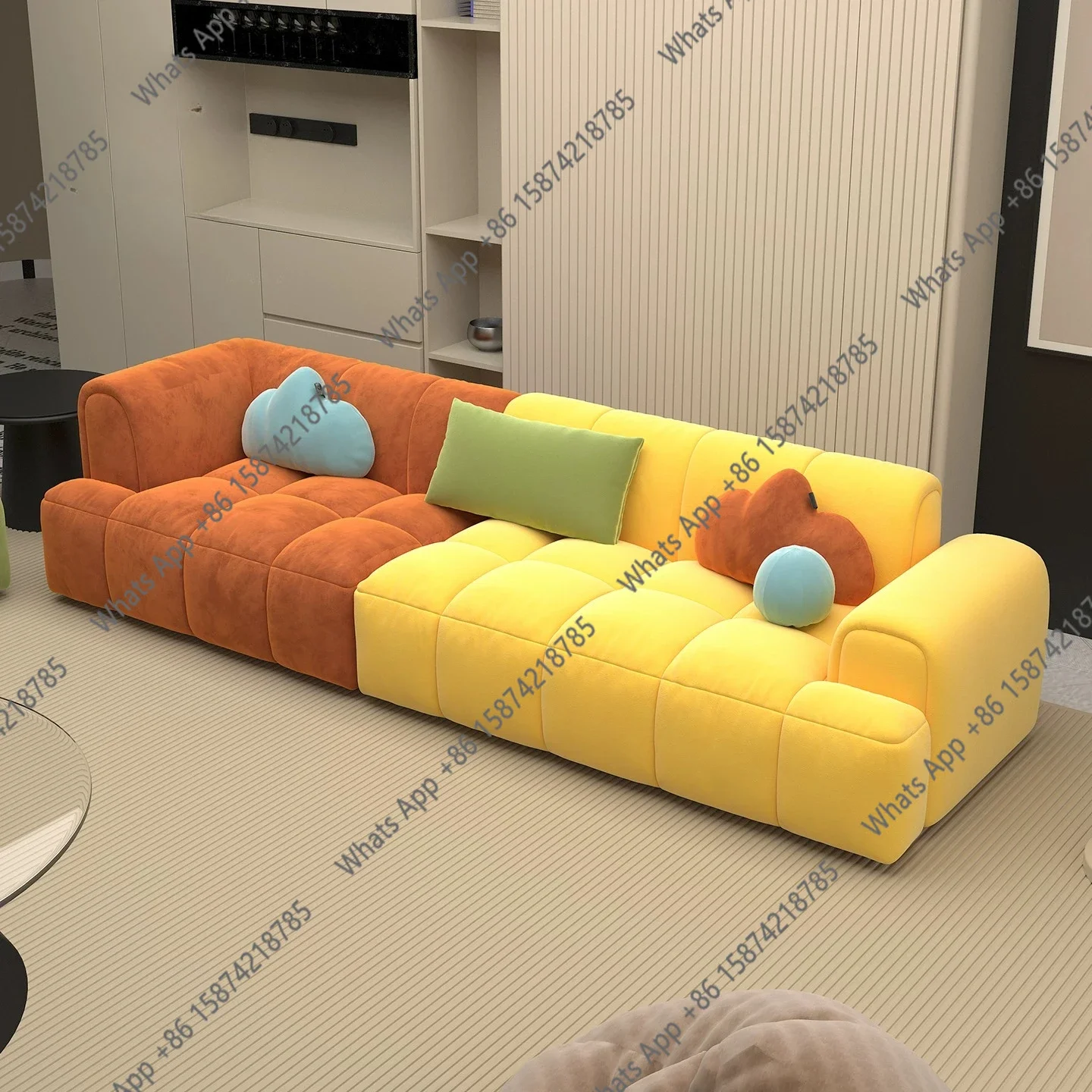W Soft Cream Wind Contrast Color Fabric Sofa Living Room Small Apartment Modern Simple Three-person Cloud Sofa