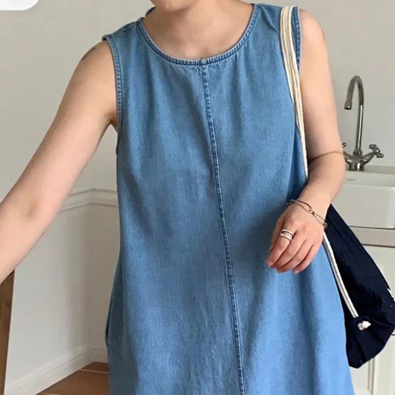 Female O Neck Backless Tie Up Bow Loose Vest Denim Dress Femme Vestidos Y2k  Tank Maxi es for Women Vintage