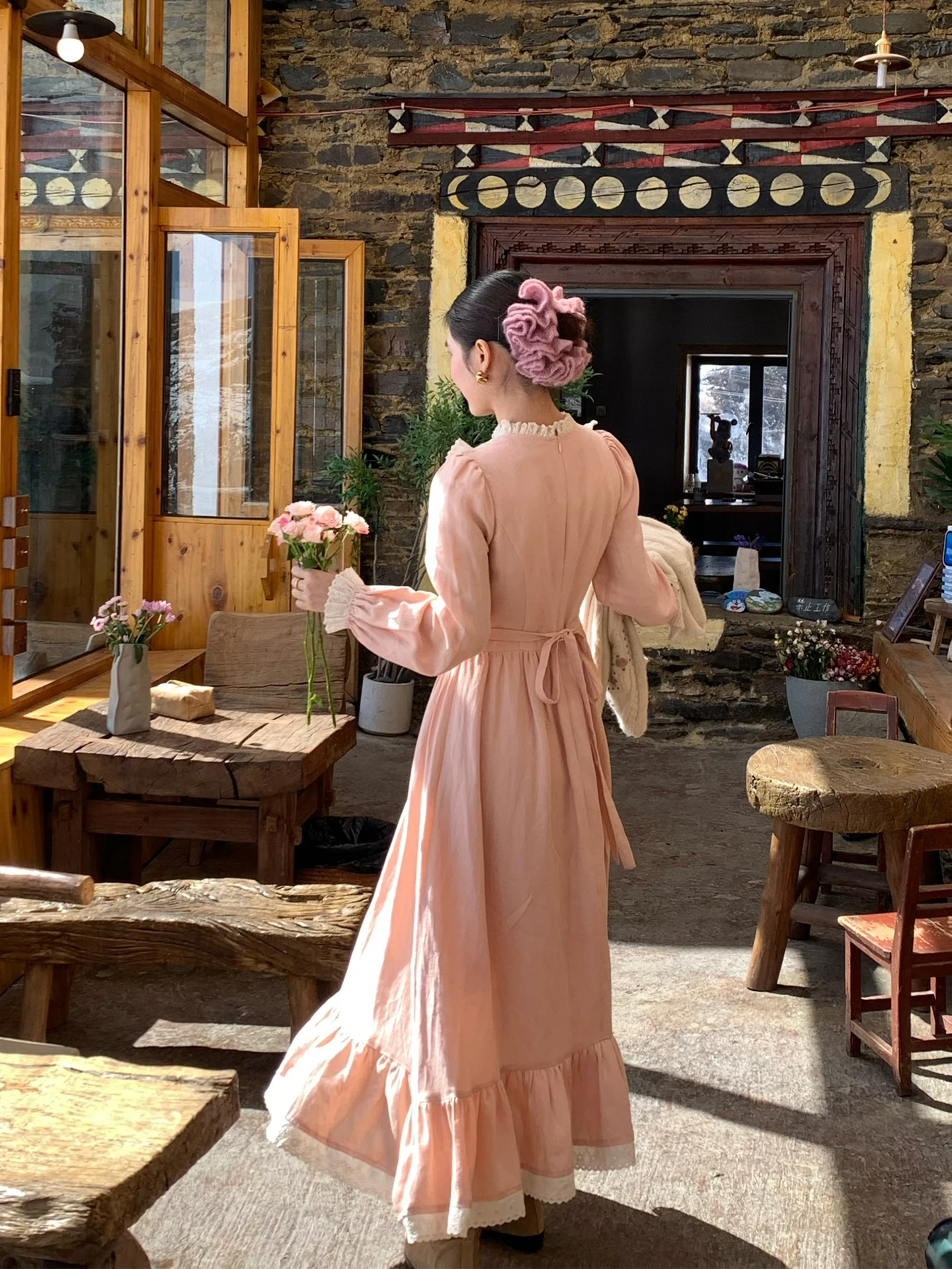 TIYIHAILEY printemps automne lin femmes robe rose à manches longues mi-mollet dames vêtements S-L Vintage taille haute 2026 dentelle