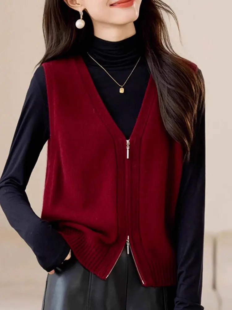 

Двойная молния, чистый цвет, вязаный кардиган, повседневный жилет, топ для женщин, V-Ne, стандартный крой, весна-осень, моя