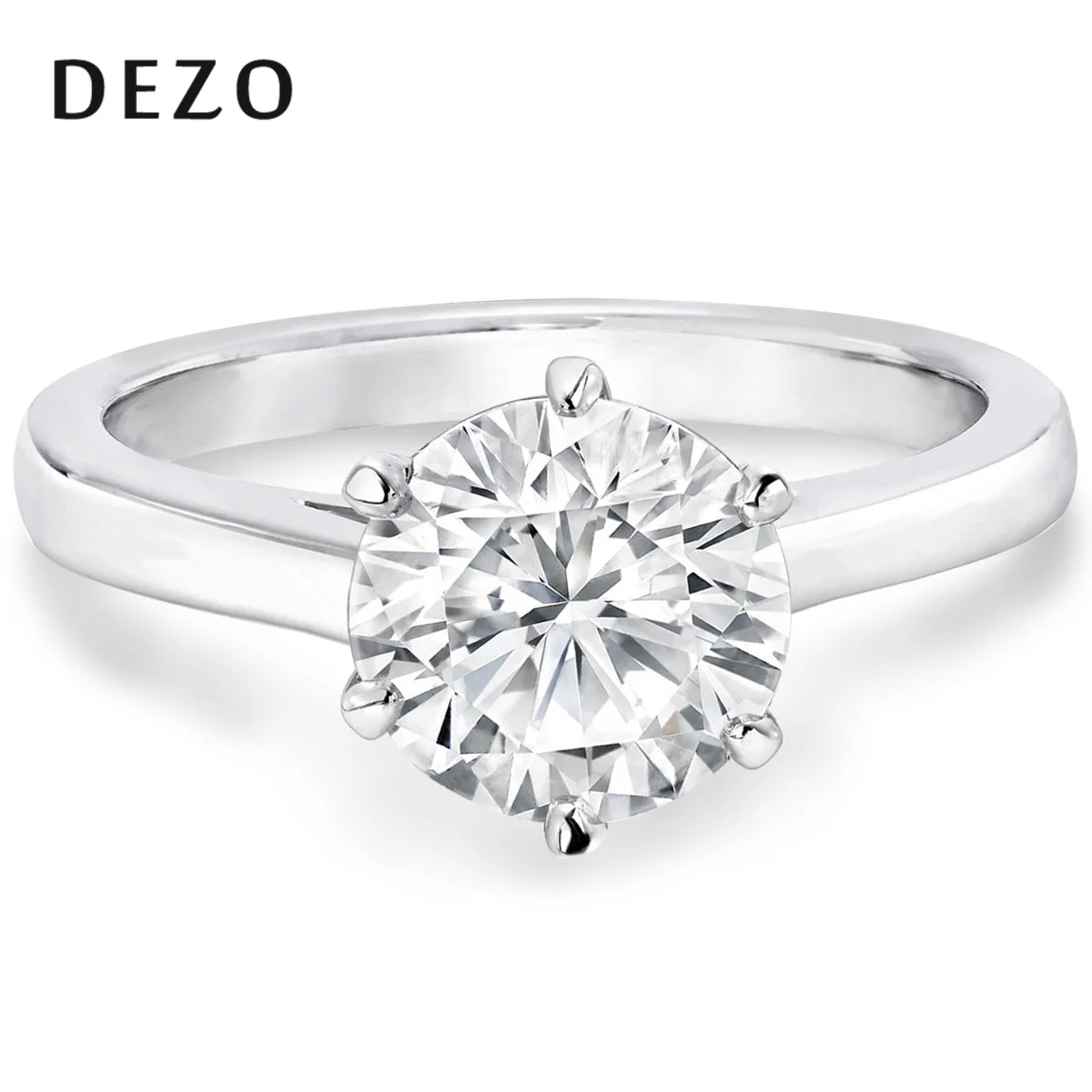 DEZO Classic Six Prongs Round Cut 2ct Solitaire Moissanite Engagement Ring Real 925 Sterling Silver Anniversary Fine Jewelry