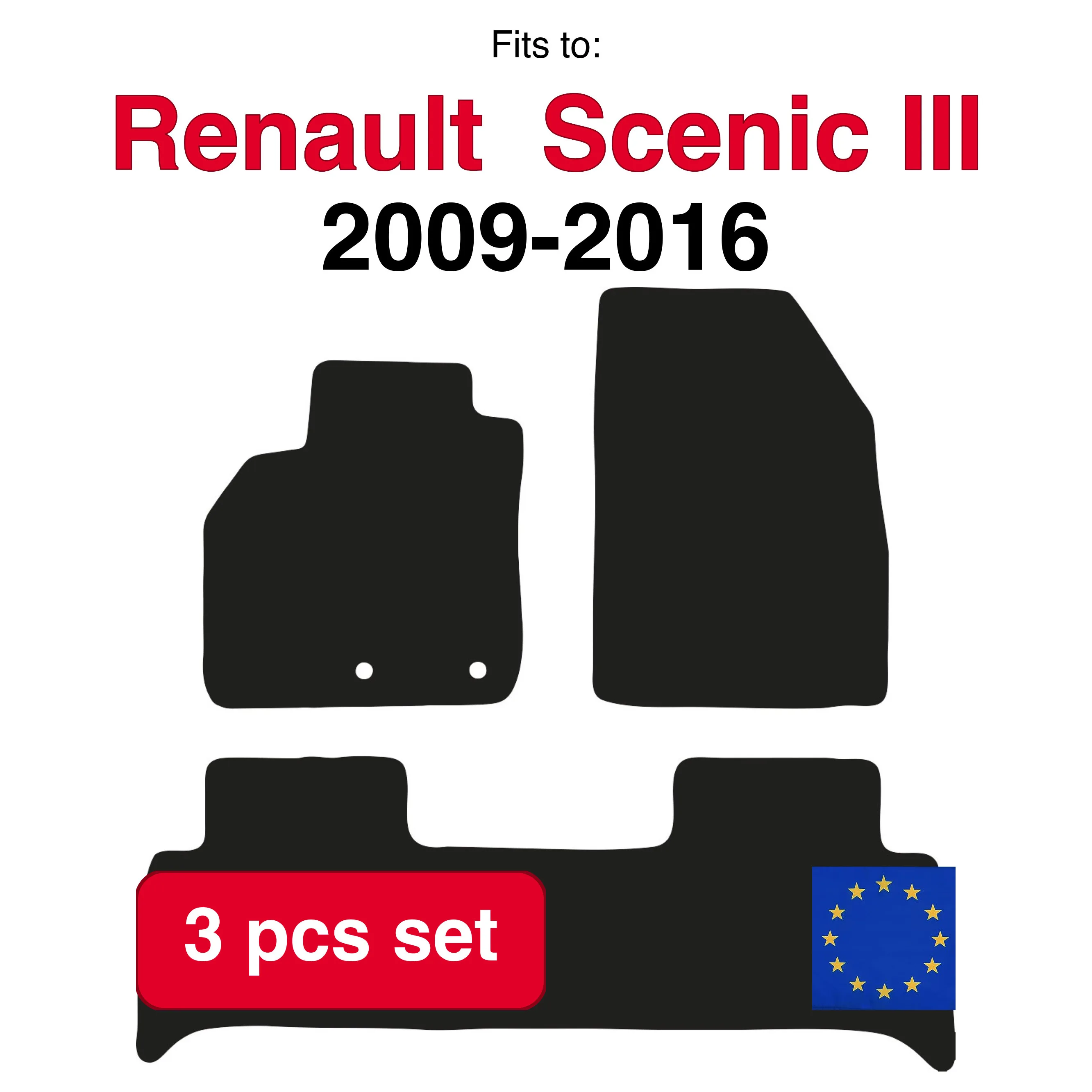 Tapis de voiture en velours pour mini-fourgonnette Renault Scenic III (2009-2016) -Noir (3 pièces)