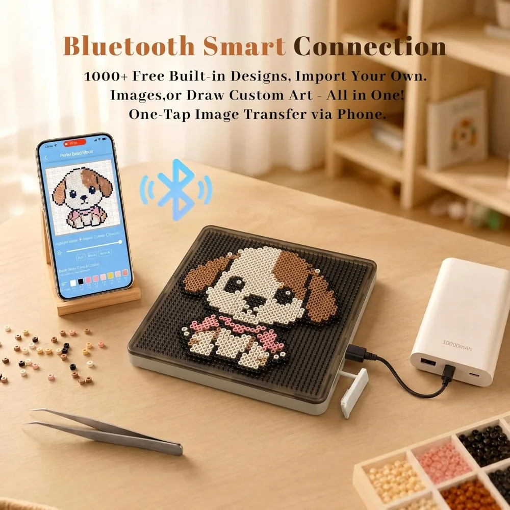 Smart Fuse Beads Board for Melty Beads,LED Light Guide Board, App-Controlled Pixel Art Tray,Portable USB-C Rechargeable DIY Gift