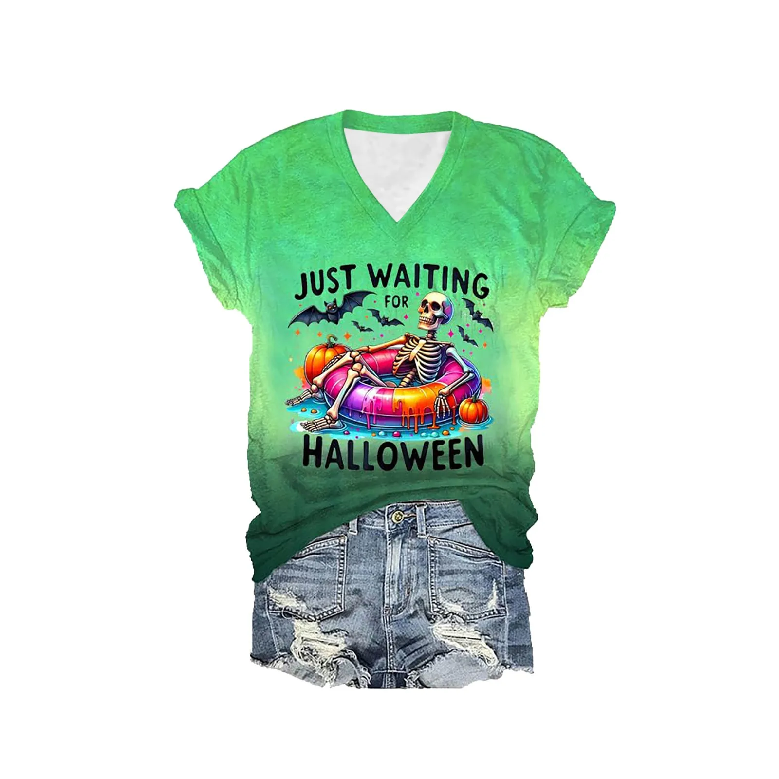 Holiday Party T-Shirt Just Waiting For Halloween Shirt Funny Skeleton Graphic T Shirt V-Neck Short Sleeve Colour Block Tops