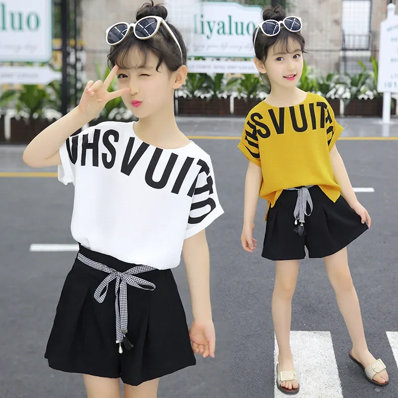 Kids Clothes for Girls Summer Short Sleeve Outfits Irregular Tops + Shorts Teen Girl Clothing Sets School Children\'s Costume