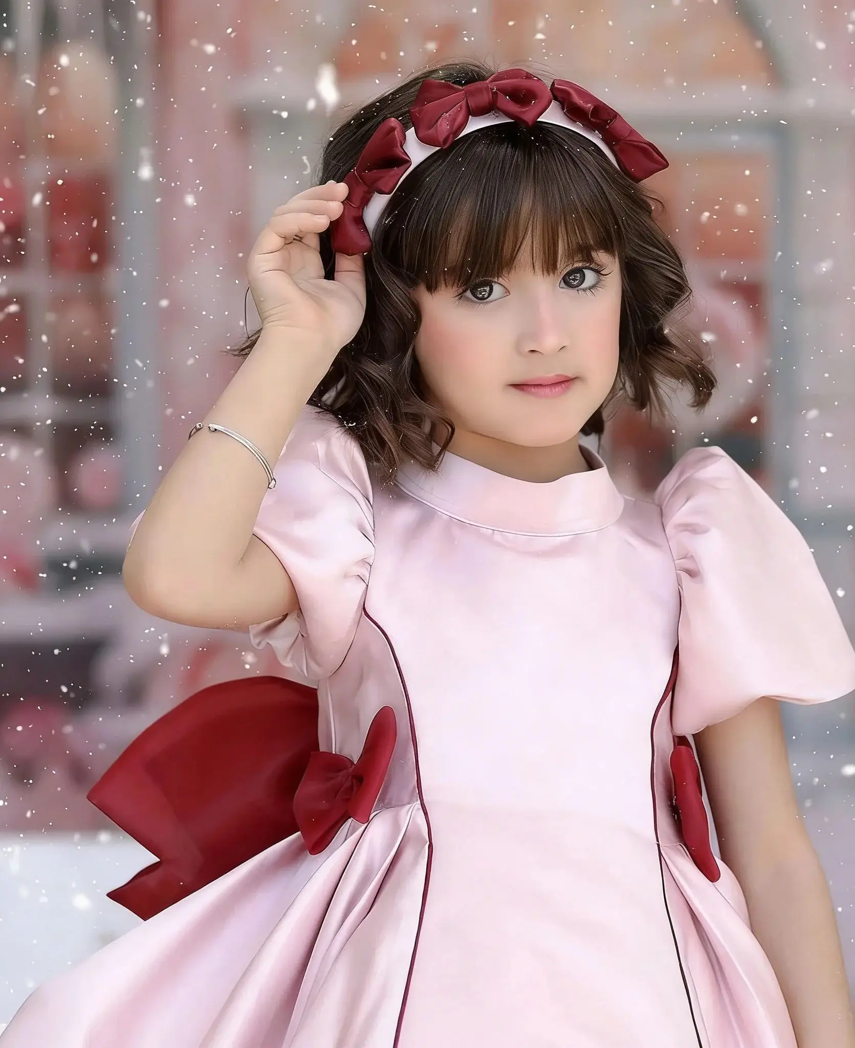 فساتين فتاة الزهور الساتان المخصصة لحفلات الزفاف برقبة عالية مع أقواس حمراء بطول الركبة لعيد ميلاد الفتاة فساتين التواصل الأول