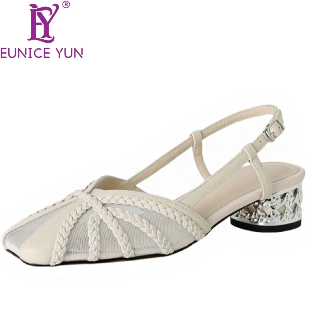 

【EUNICE YUN】Сетчатые сандалии ручной работы из натуральной кожи, женские дышащие офисные женские сандалии с закрытым носком, женская обувь 34-40