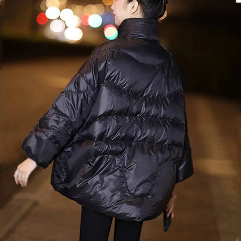 2024 Autumn and Winter Leisure Women\'s Down Cotton Padded Jacket Warmth Padded Bat Sleeves Stand-up Collar Loose Jacket Women