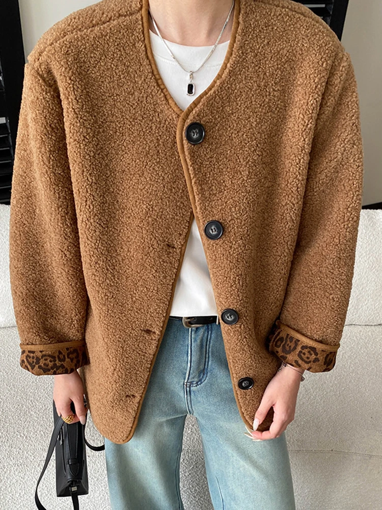 YERMORA Coffee Spliced Leopard Button Casual Wool Jacket For Women O-Neck Long Sleeve Loose New Coat Fashion Tide Spring Autumn