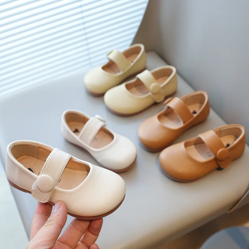 2024 Girl Leather Shoes Mary Jane Round-toe Causal Children Shoes Fashion Solid Color Versatile Kids Flats Classic Single Shoes