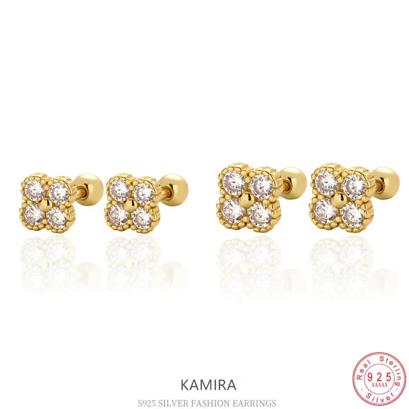 KAMIRA 925 Sterling Silver Full CZ Four Leaf Clover Screw Back Stud Earrings for Women Clover Dainty Lucky Minimalist Jewelry