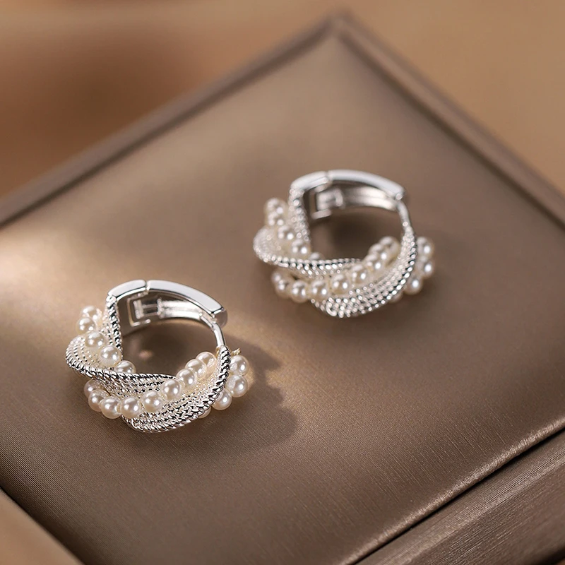 GANPUP Exquisite Perlen-Twist-Creolen für Damen, Modische Neue Silberfarbene Ohrschmuck-Schmuckgeschenke für Partys – Detail 7