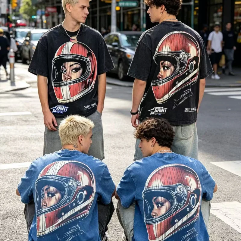 European Retro SAINT Washed Vintage Racing Helmet Print Short Sleeve T-shirt SAINT Loose Streetwear Crew Neck Top for Men Women