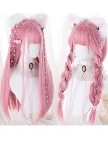 LM Cosplay Wig With Bangs Synthetic Straight Hair 24 Inch Long Heat-Resistant Pink Wig For Women