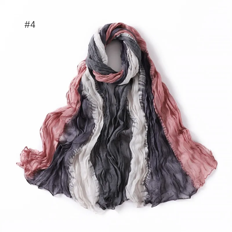 Maxi Scarf Woman Autumn Women Luxury Gradient Color Voile Crumpled Hand Painted Long Rainbow Color Thin Twist Wrinkled Silk Veil