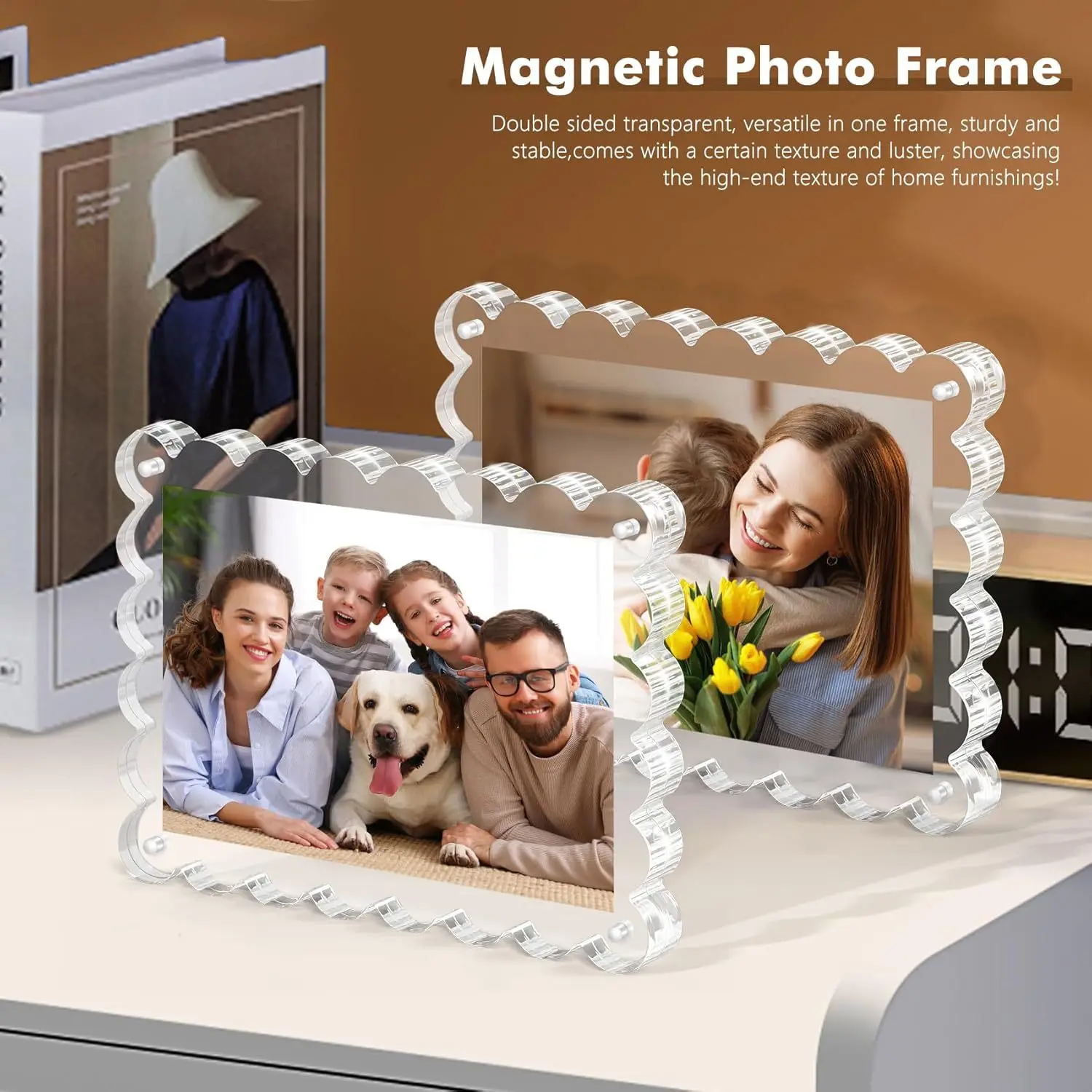 Magnetic Acrylic Photo Frame, Fan-Shaped Desktop Display Stand  for 6 & 7 Inch Photos, Ultra Clear Thick Crystal Picture Frame