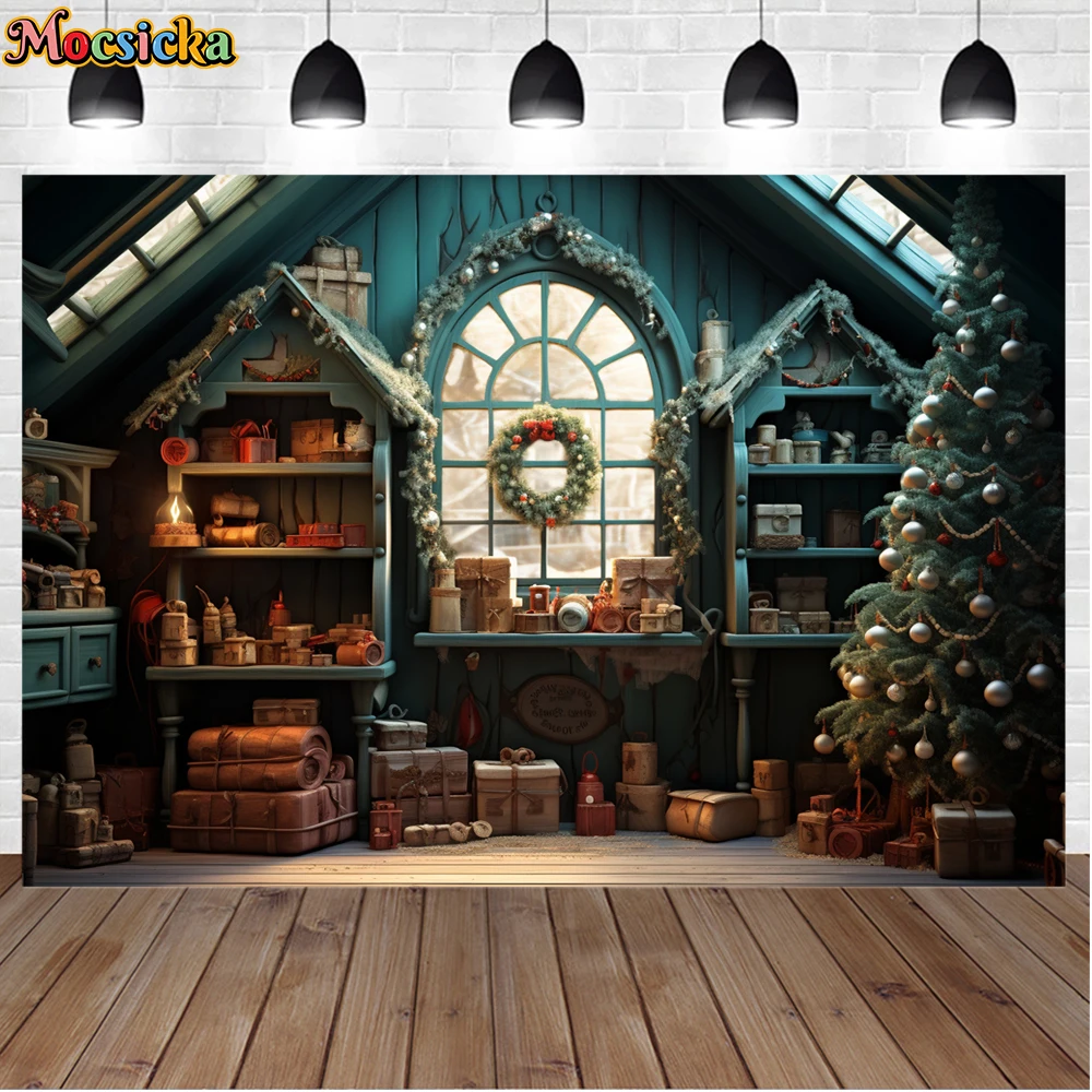 모시카 겨울 크리스마스 사진 배경, 크리스마스 트리 다락방, 홀리데이 파티, 어린이 가족 초상화 사진 배경 스튜디오