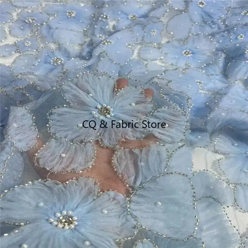 

New 3D Mesh Plate Flower Sequin Beaded Embroidered Lace Fabric Wedding Evening Dress Designer Fabric Handmade DIY