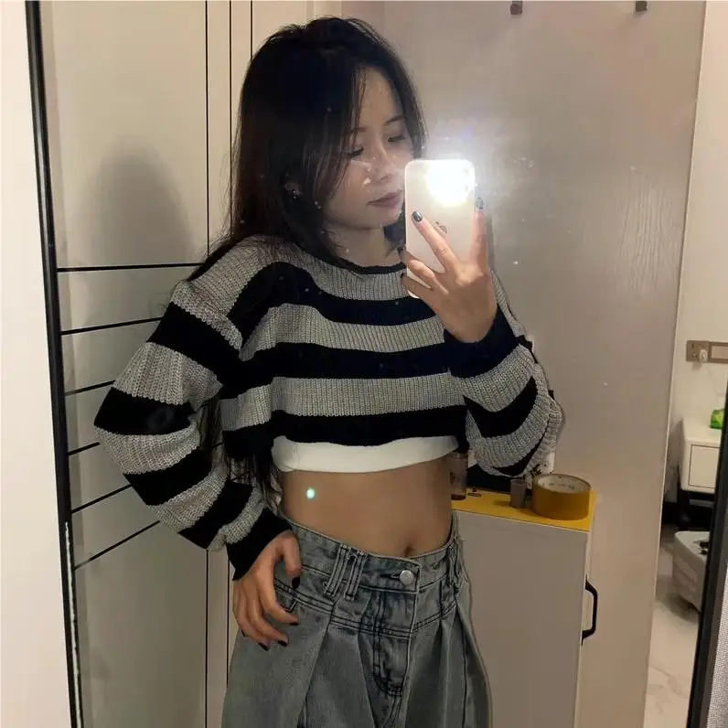 Long Sleeve Top Knitted Korean Style Crop Sweaters Off The Shoulder Tops Cute Clothes Sexy Black Grey Striped Knitwears New In