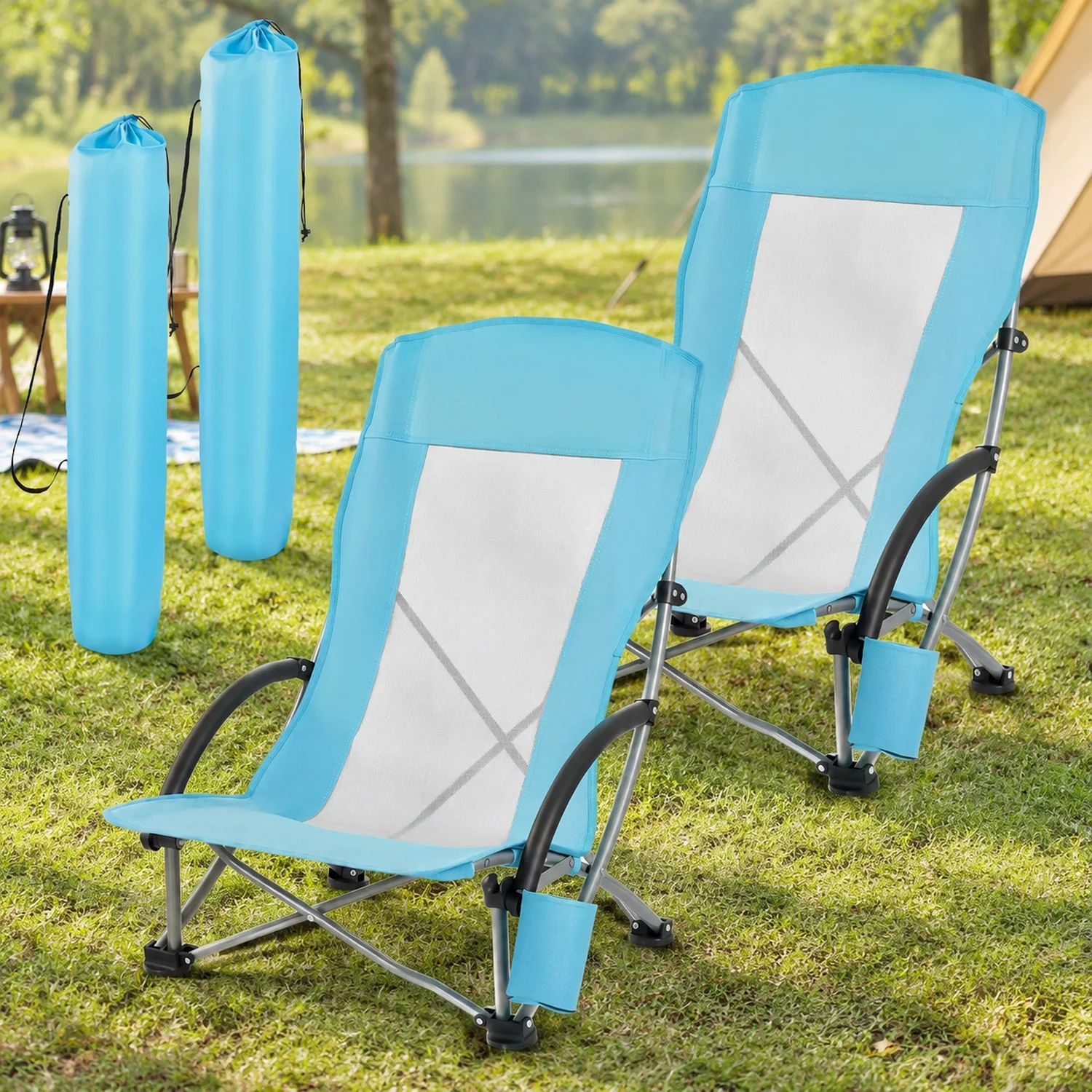 Folding Beach Chair, High Back Camping for Adults, with Cup Pocket, Mesh, Carry Bag, Portable Extra Wide Seat 330 lbs Heavy Duty