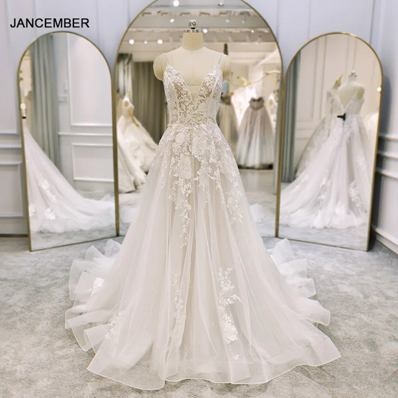 Janc ember elegante a-line Frau Brautkleider V-Ausschnitt Brautkleid neue Spitze Applikation Abendkleid vestido de novia qw01080