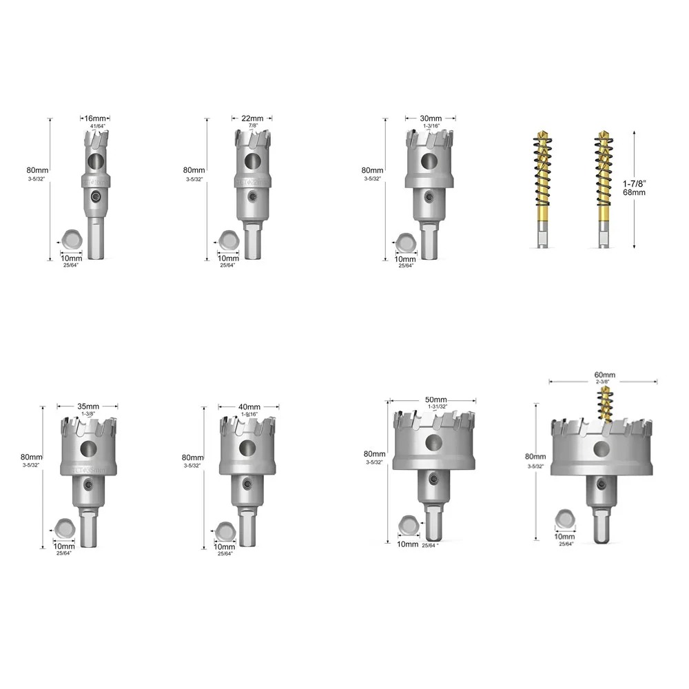 9pcs 16-60mm Drilling Crown For Stainless Steel TCT Hole Saw Set Tungsten Carbide Tipped Drill Bits For Metal Alloy iron