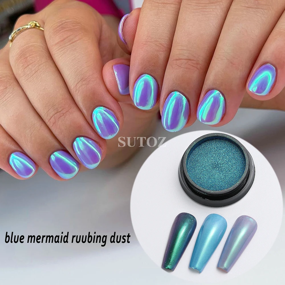 Polvo de cromo Aurora para uñas, polvo de frotamiento de sirena azul, efecto espejo camaleón para uñas, pigmento de brillo fino, Material de manicura BBX