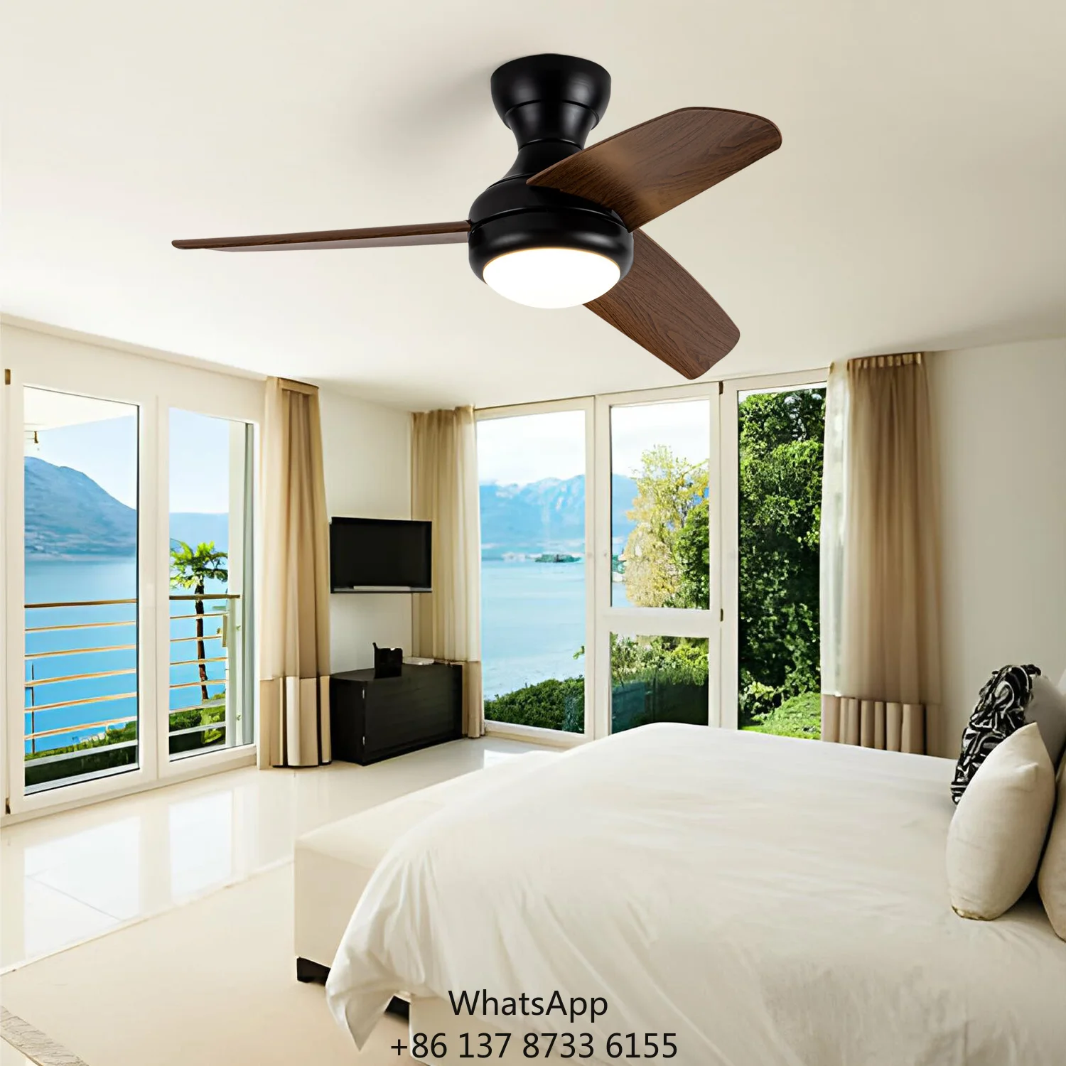 Model 707 37-Inch Flush Mount Black/White LED Fan Remote Control 3 Blades Energy Conservation Retro Design For Small Rooms