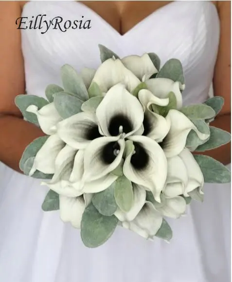 

EillyRosia Original Design Black Solid White Calla Lily Bride Bouquet Unique Gothic Wedding Flower for Bridesmaid Birdal Holding