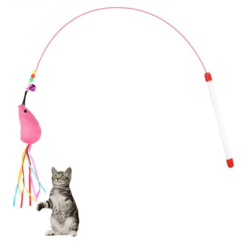 

Cat Stick With Beads And Bells Feather Toy Interactive Catcher Funny Exercise For Kitten Elastic Metal Wire Tease