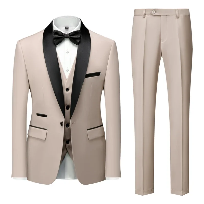 Male Business Casual Wedding Blazers Coat Vest Pants 3 Pieces Set Men Mariage Color Block Collar Suits Jacket Trousers Waistcoat