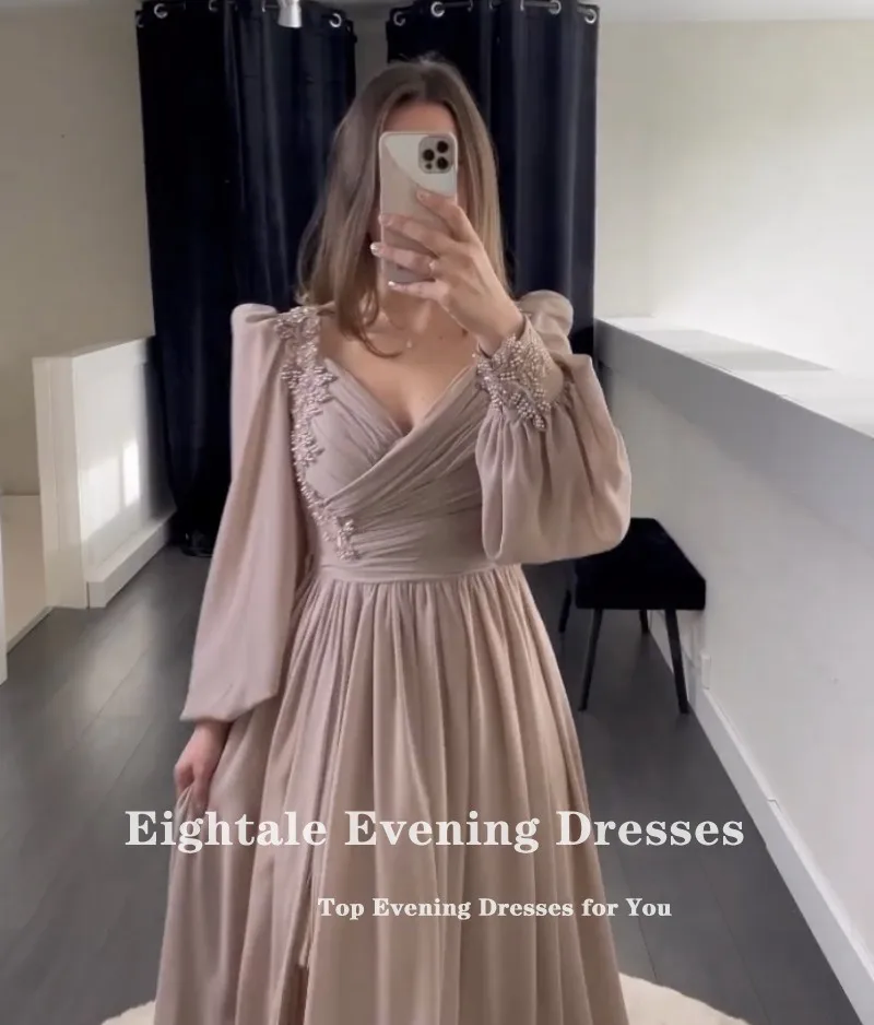 Eightale New in Evening Dresses V-Neck Appliques Beaded Long Sleeves Customized Chiffon Prom Gown for Wedding Party robe soiree