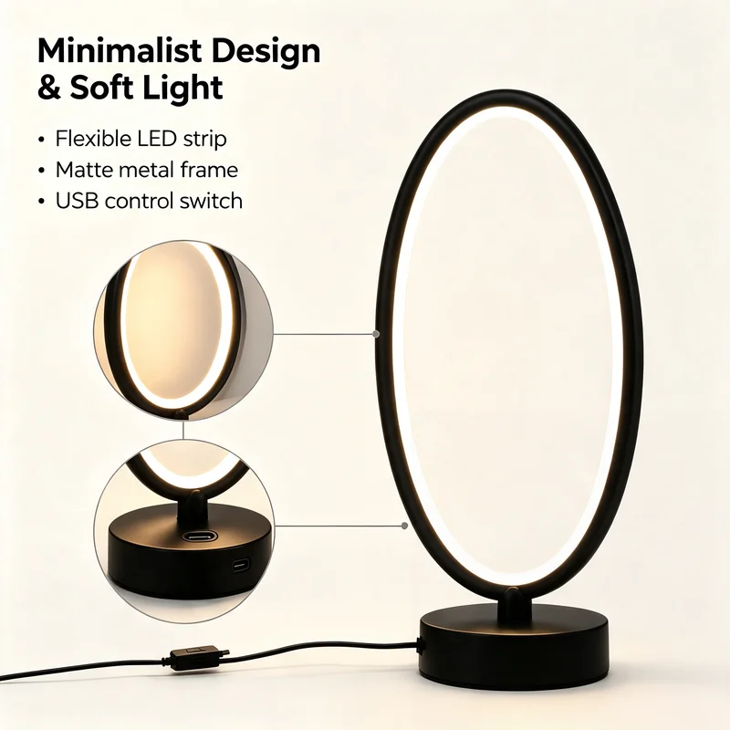 Oval Ring LED Table Lamp USB Powered Dimmable Modern Minimalist Desk Lamp, Matte Metal Frame Eye-Care Soft Warm Night Light, Cre - view 6