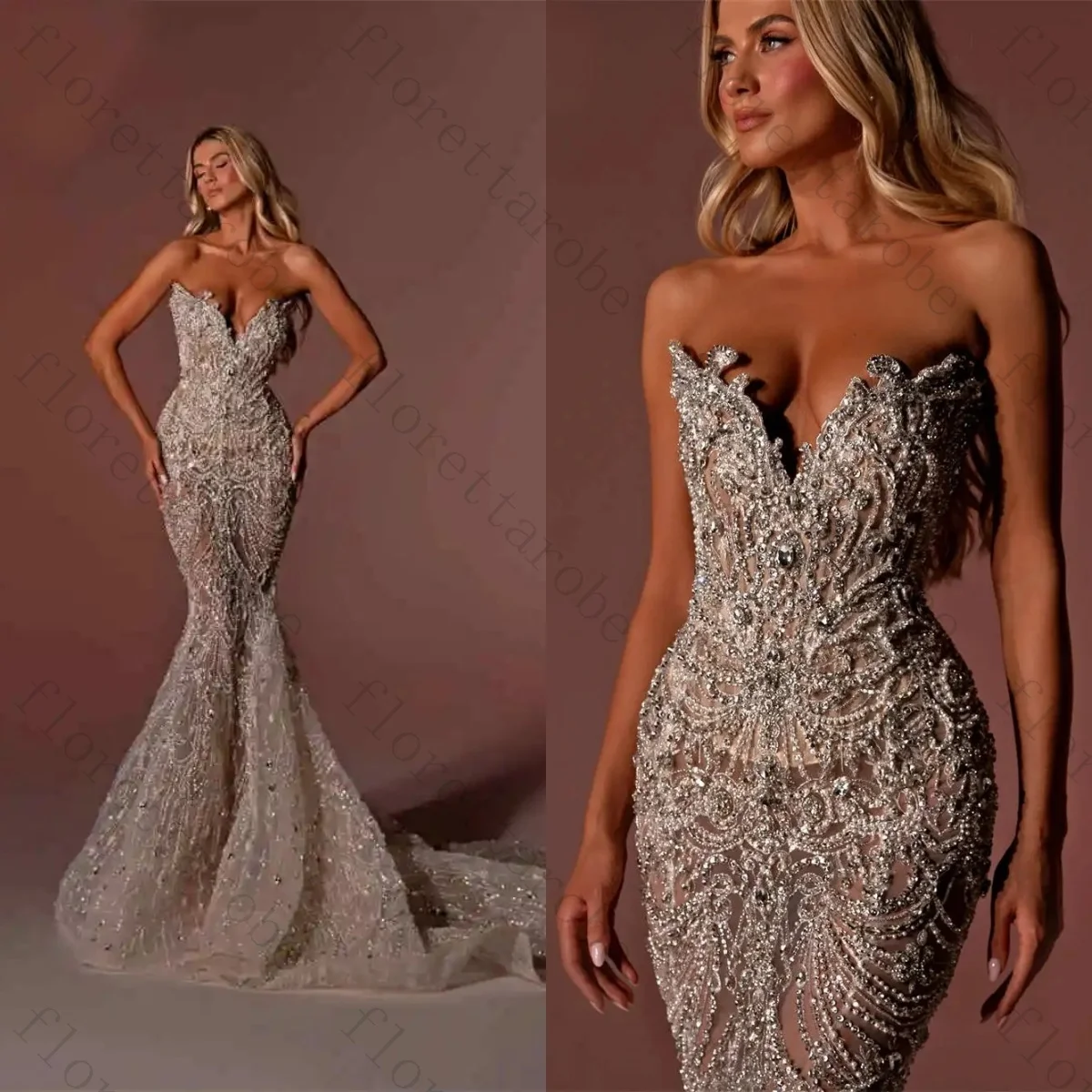 Customized Luxury Sparkle Mermaid Wedding Dresses Modern Fashion V-Neck Sleeveless Open Back Bridal Dress Custom Plus Size Gowns