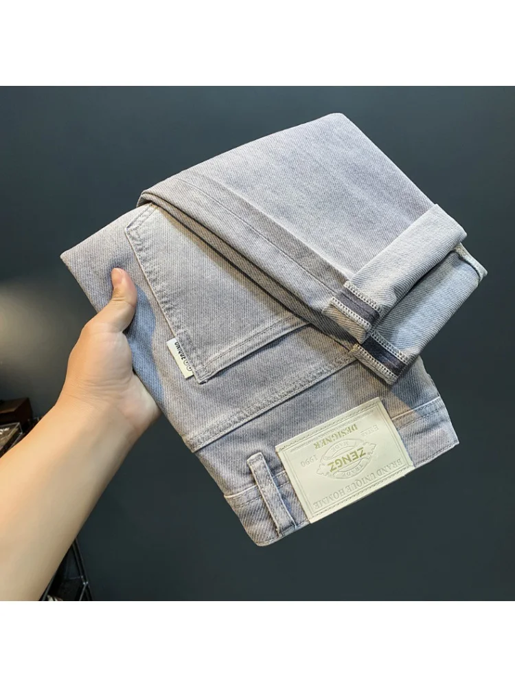 Light-Colored Jeans Men's Embroidered Washed Smoky Gray Casual Pants Fashion Brand Slim Fit Straight All-Matching Trousers