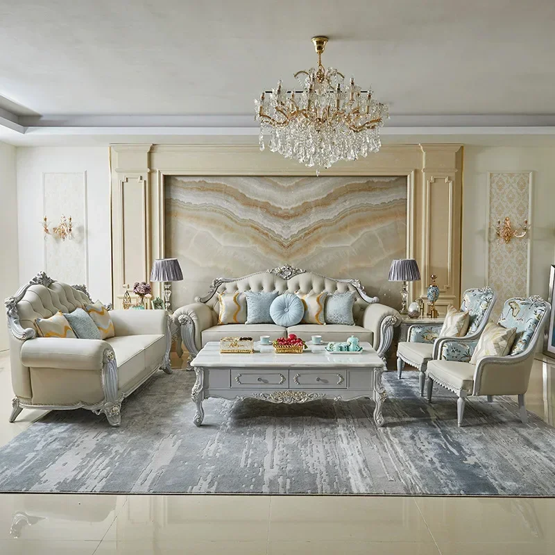 Leather sofa, solid wood double-sided carved European leather sofa