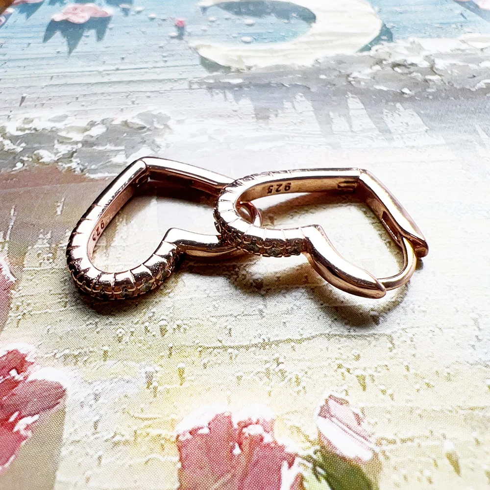 Roségoldener Herz-Creolen-Ohrring, brandneuer Winter-Edelschmuck für Frauen, romantisches Geschenk aus echtem 925er-Sterlingsilber – Detail 5