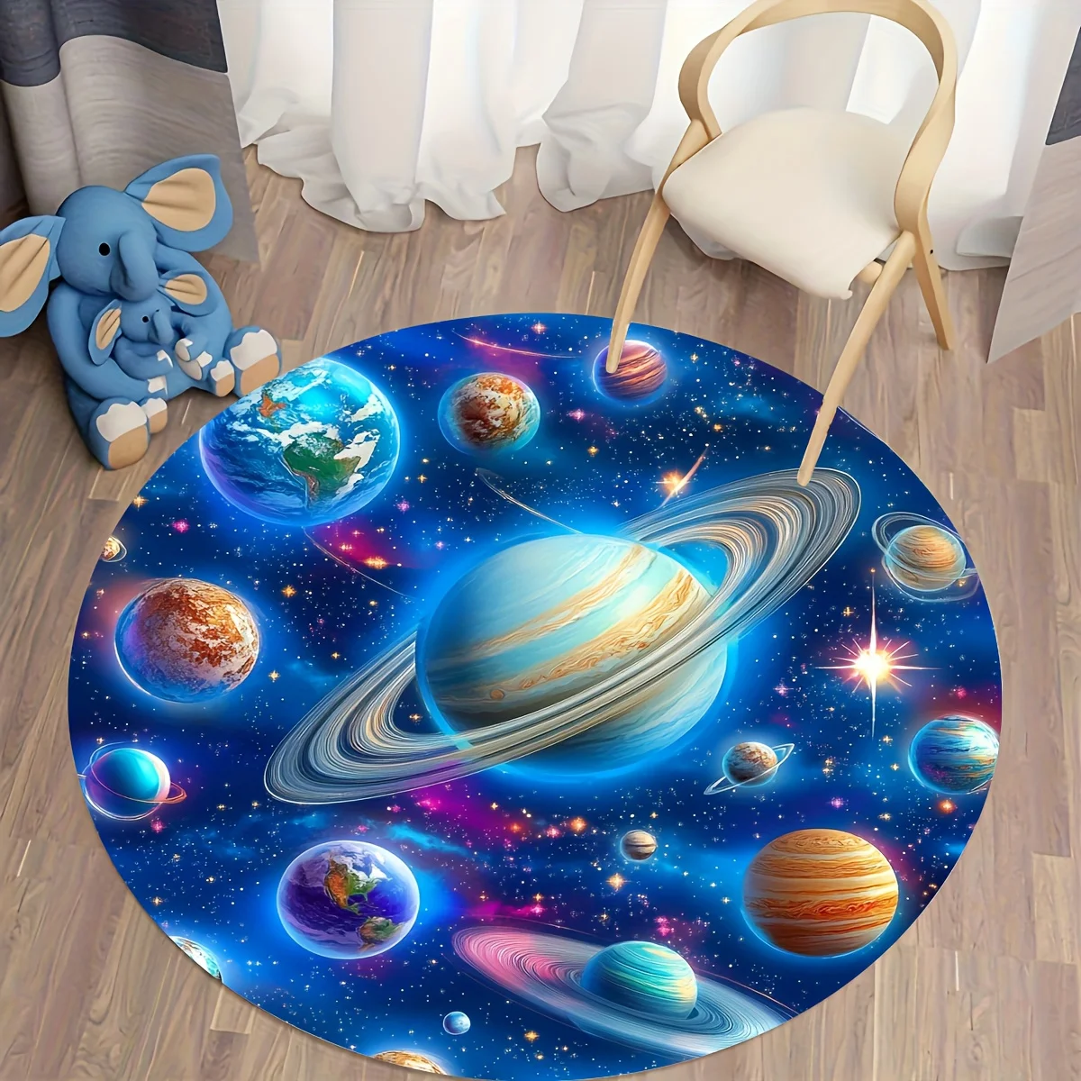 Flannel Printed Round Rug Solar System Planets Design Space Theme For Kids Room Nursery Decor Soft Non Slip Floor Mat