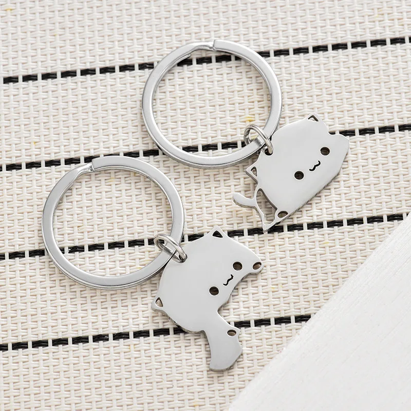 Cute Cartoon Cat Keychain Couple Lovers Stainless Steel Matching Keyring Lovely Pendant Key Chains Valentine\'s Day Gift Jewelry