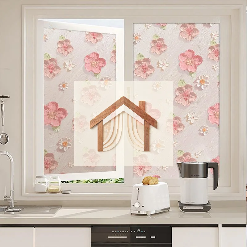UV Blocking Window Privacy Film 3D Embossed Floral Static Cling 1Roll 60*100cm for Kitchen Glass Window