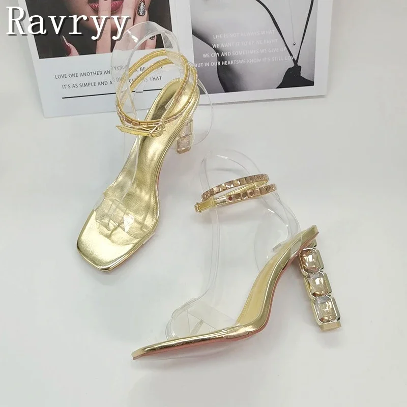 

Designer Crystal Strange Heel Sandals Square Toe Rhinestone Ankle Strap Wedding Party Shoes Ladies Summer High Heels Sandals