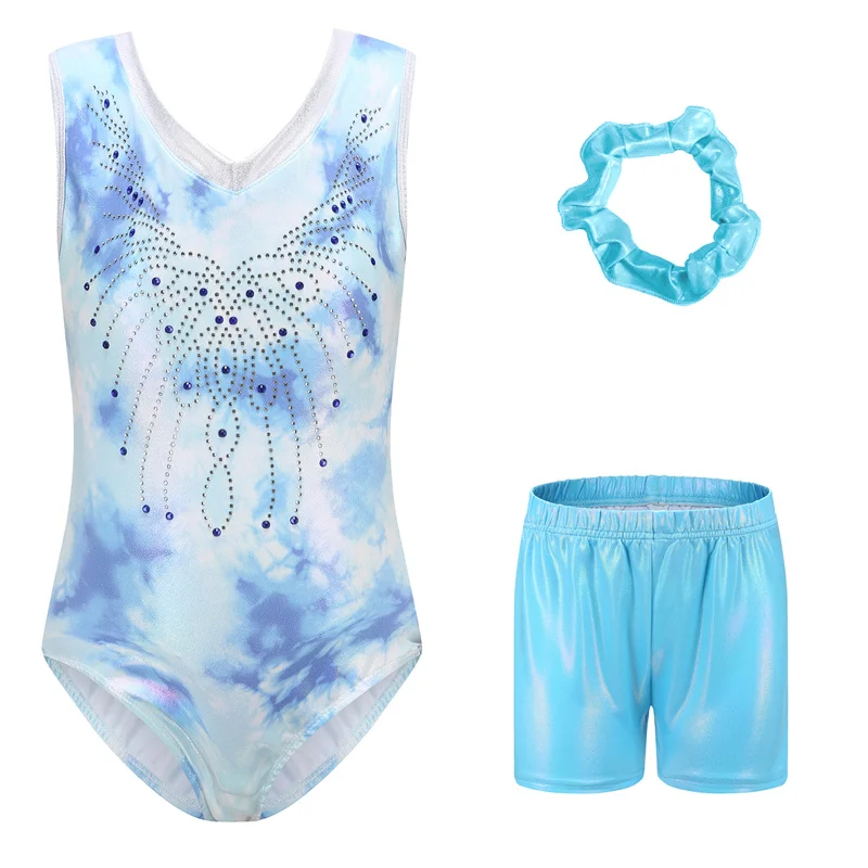 Offre spéciale de haute qualité enfants filles enfants brillant sans manches strass ensembles de gymnastique justaucorps métalliques avec short