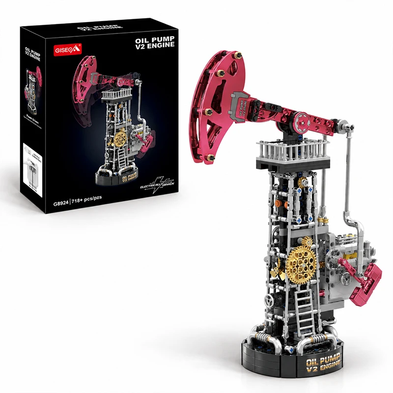 V12-motor, gemotoriseerd model van een oliepomp, elektrisch aangedreven, bouwstenen, technisch mechanisch model van een olieboorplatform, speelgoed, cadeaus.
