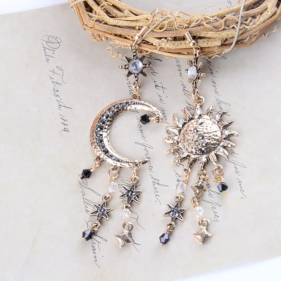 DIY accessories European and American cross-border new retro exaggerated moon sun star earrings trendy long fringed ear jewelry