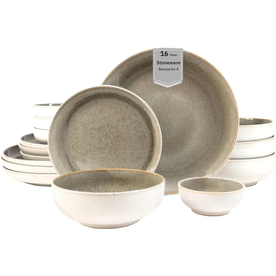 

16Piece Stoneware Dinnerware Set for 4 with Glossy Cream and Green Plates and Bowls Reactive Glaze Ceramic Dish Set for Modern
