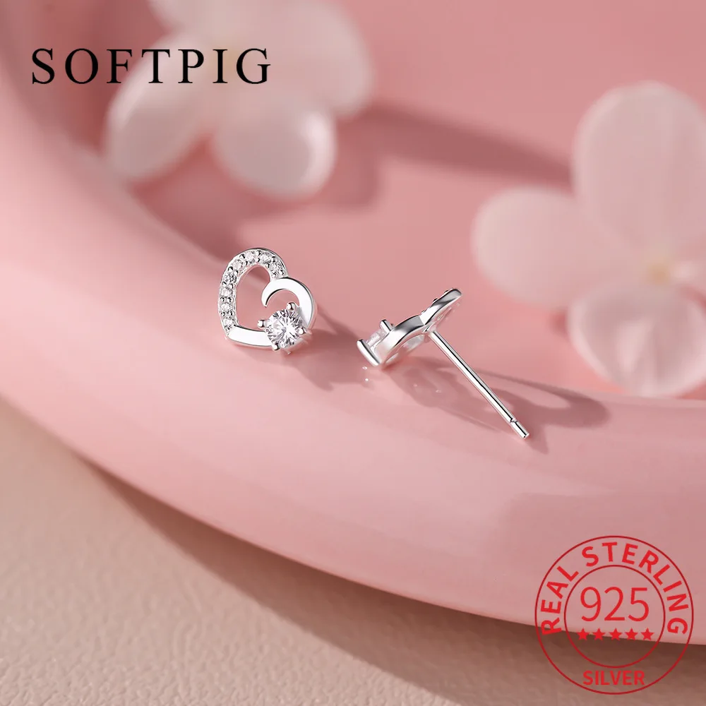 

SOFTPIG Real 925 Sterling Silver Zircon Heart Mini Stud Earrings for Women Cute Fine Jewelry Light Luxury Accessories