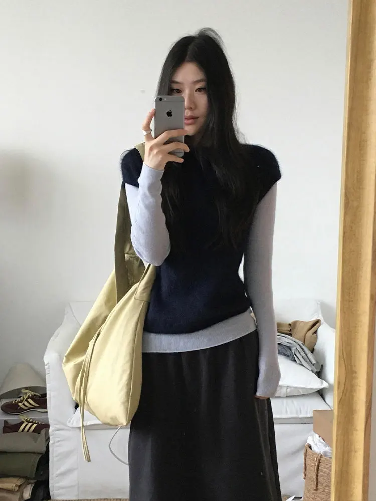 Korean Style Beautiful Blue Sleeveless Knitted Vest Women's Autumn Winter Unique Super Good Looking Inner Wear Layering Top