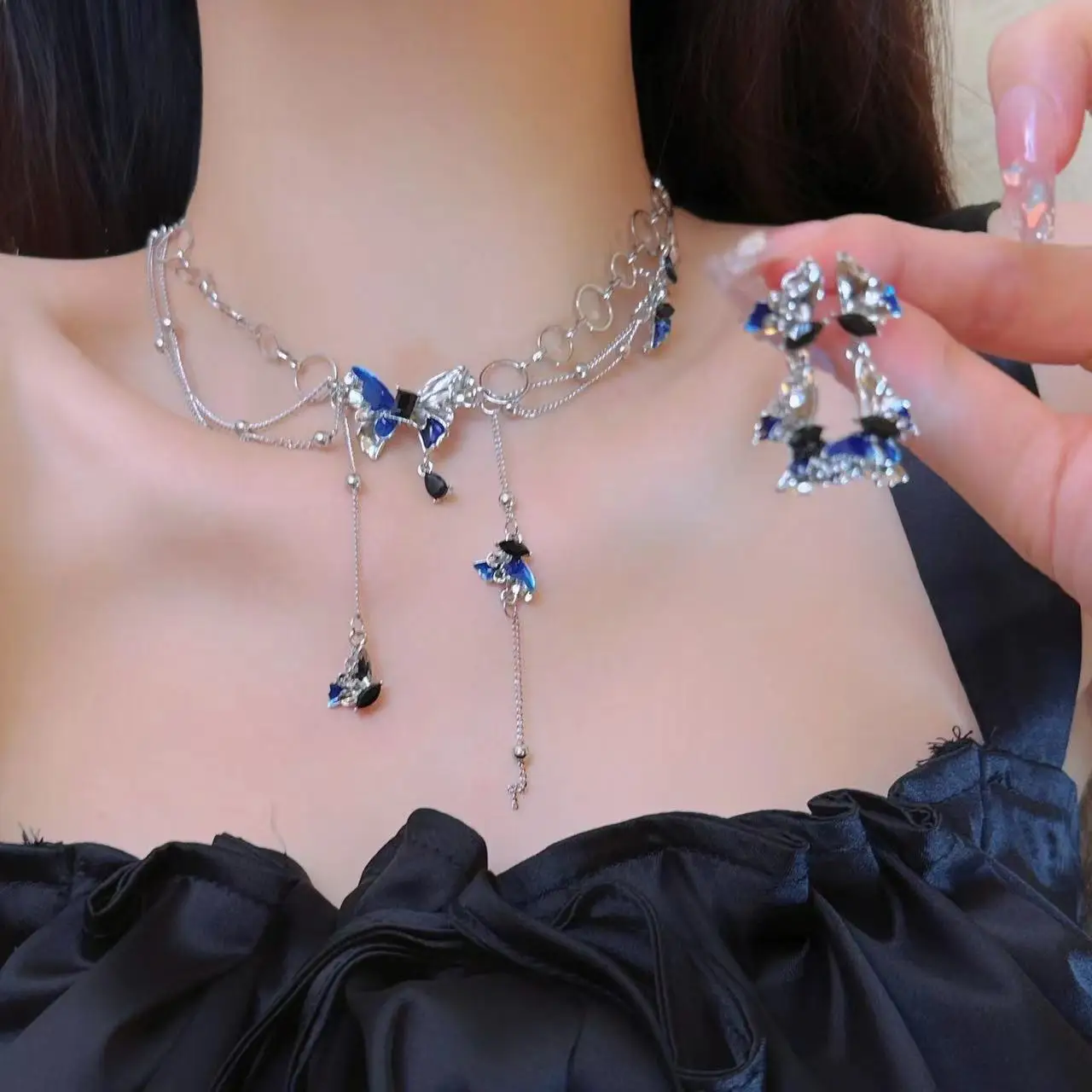 

Multilayer Tassels Clavicle Chain Women Punk Goth Butterfly Necklace with Earrings Set Gothic Jewelry sets Sweet Cool Accessory