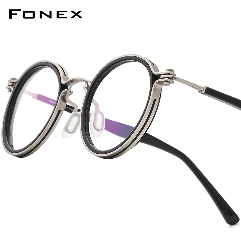 FONEX Acetate Alloy Glasses Frame Men Brand Design Fashion Retro Round Eyeglasses Women Korean Japanese Screwless Eyewear 1024